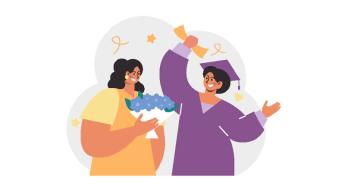 Illustration of a woman holding flowers and a woman in graduation regalia.