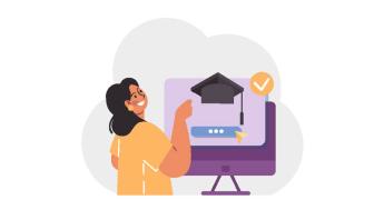 Illustration of woman using computer.