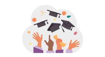 Illustration of hands throwing graduation caps into air.