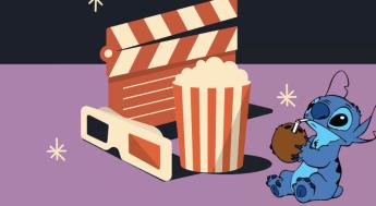 Illustration of Stitch, popcorn, movie clapboard.