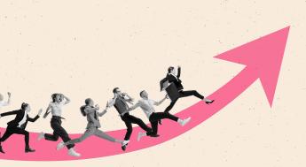 Illustration of people running along an arrow.