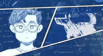 Illustration of a boy with glasses and a dog.
