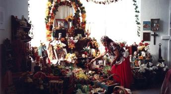 Photo of woman in front of alter.