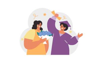 Illustration of a woman holding flowers and a woman in graduation regalia.