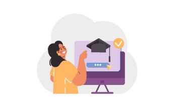 Illustration of woman using computer.
