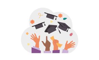 Illustration of hands throwing graduation caps into air.