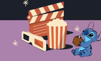Illustration of Stitch, popcorn, movie clapboard.