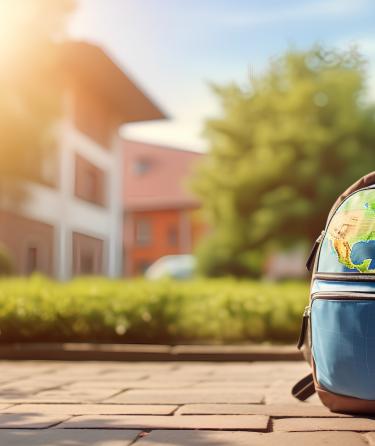 A brown backpack with a world globe painted on the front on the floor next to a brick building.