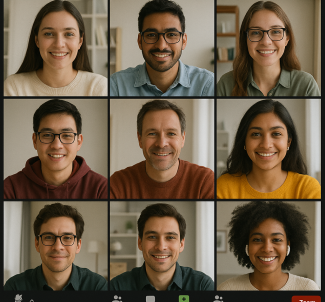 A 3x3 grid showing nine people on a Zoom video call interface.