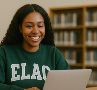 A young woman smiling at a laptop in a library, wearing a green "ELAC" sweatshirt.
