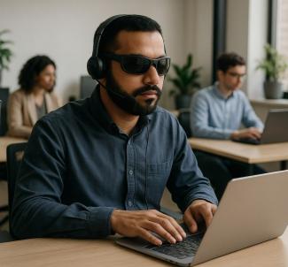 A man with sunglasses and a headset uses a laptop at a desk, with a white cane nearby. Two people work in the background.