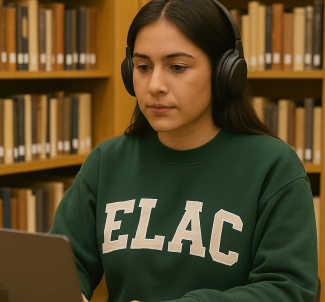 A young woman in the library wearing headphones and using a laptop.