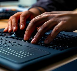 Close-up of hands using a Braille keyboard.