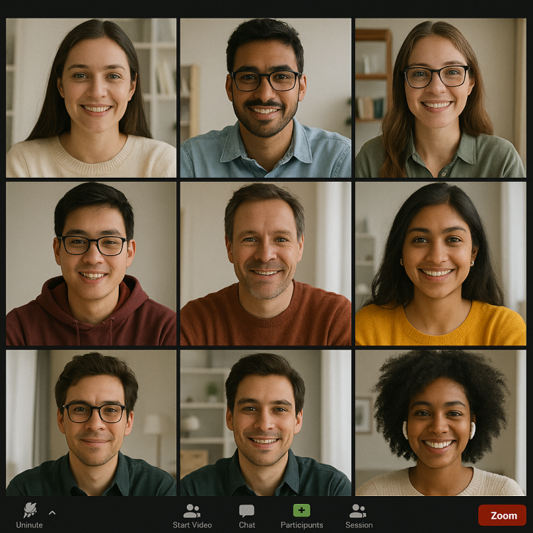 A 3x3 grid showing nine people on a Zoom video call interface.