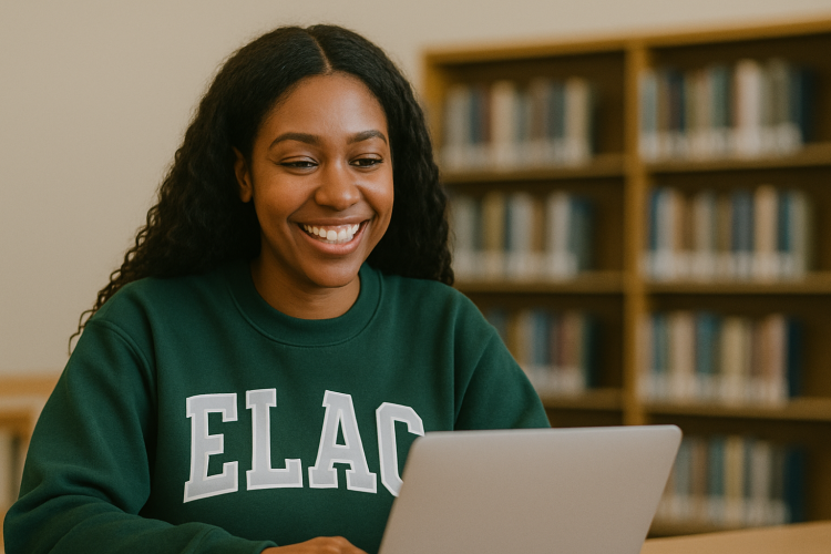 A young woman smiling at a laptop in a library, wearing a green "ELAC" sweatshirt.