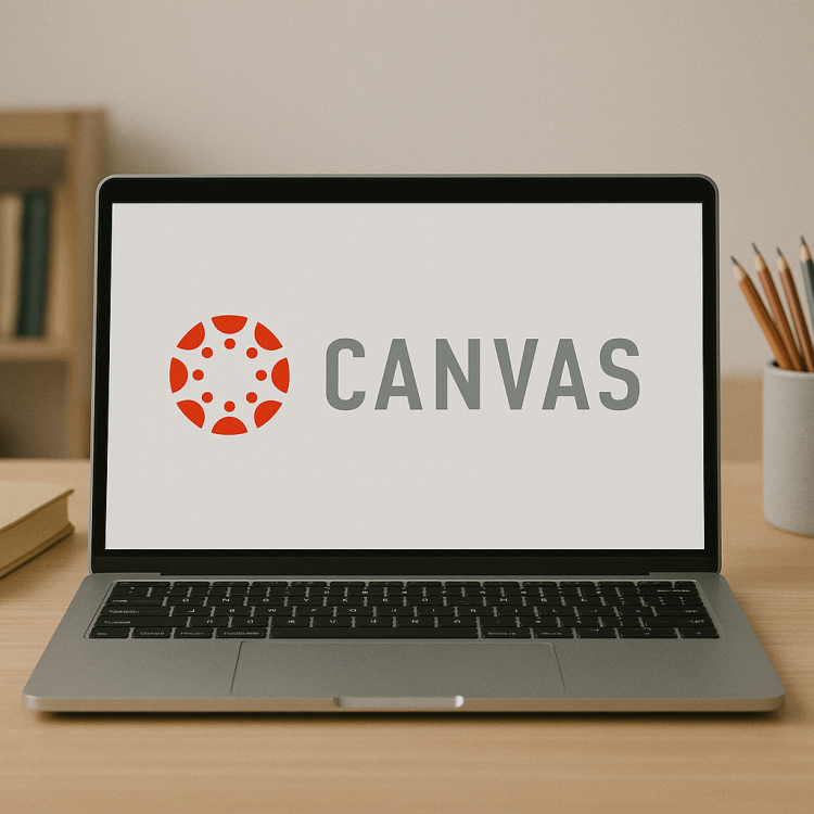 Laptop displaying the Canvas logo on a desk.