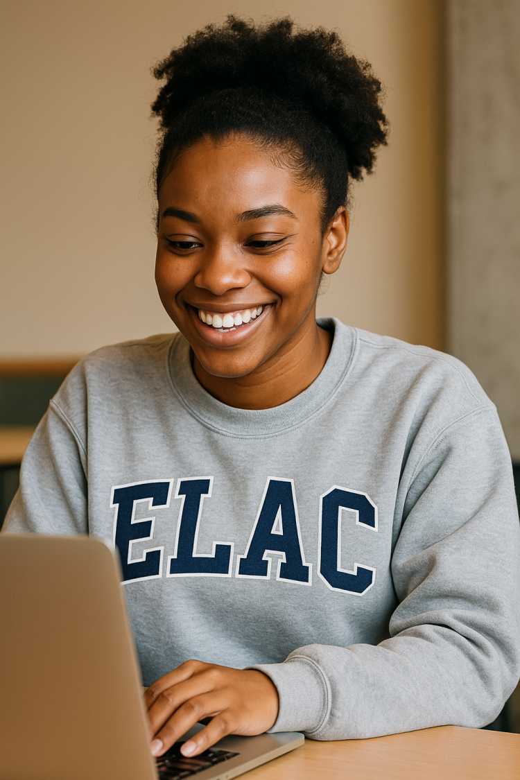 Person smiling while using a laptop, wearing a gray sweatshirt with "ELAC" printed on it.
