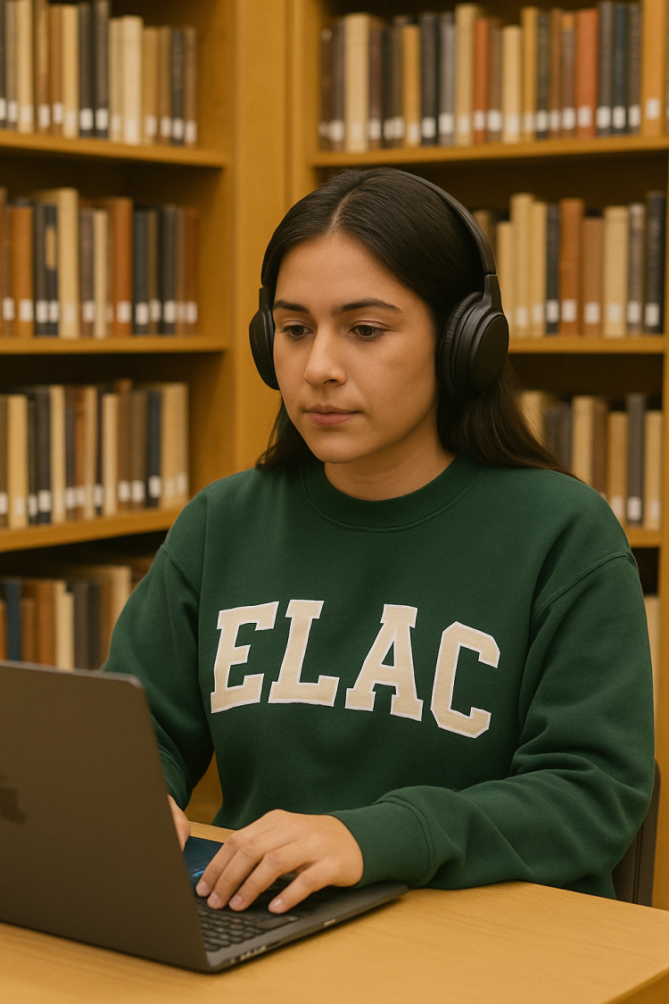 A young woman in the library wearing headphones and using a laptop.