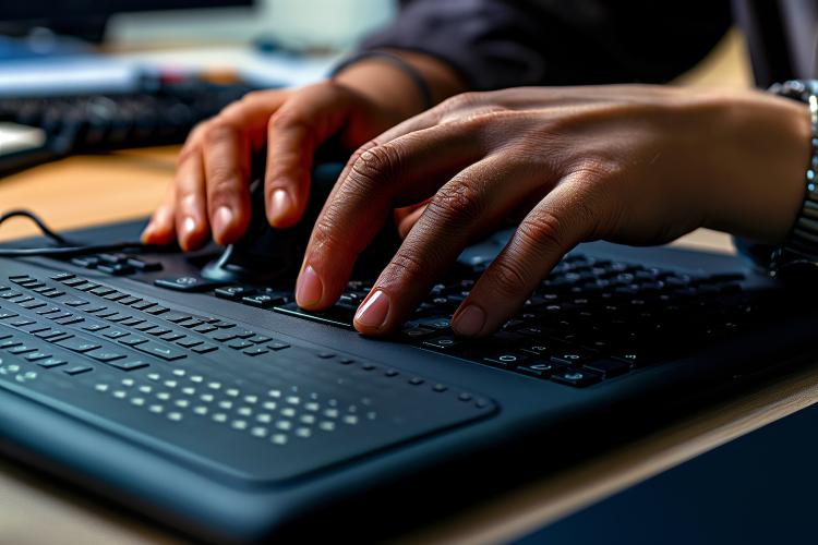 Close-up of hands using a Braille keyboard.