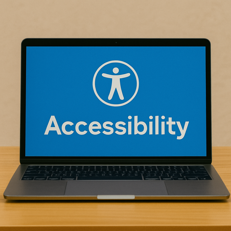 Laptop on a table displaying an accessibility icon and the word "Accessibility."