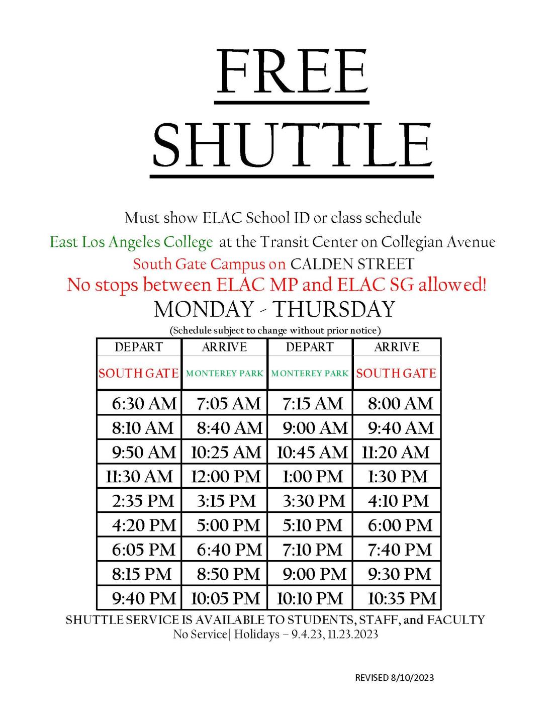 Free Shuttle Schedule 