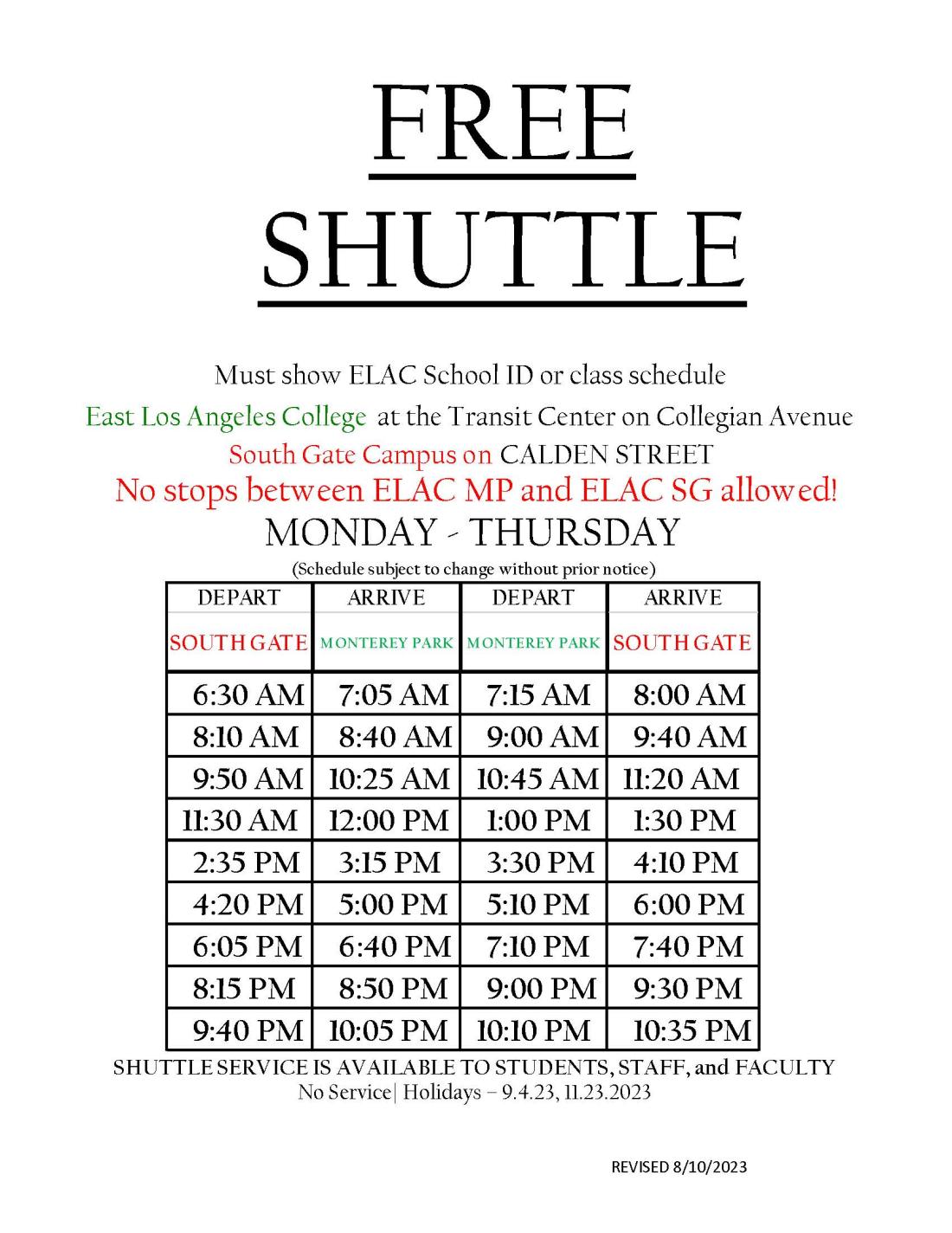 Free Shuttle Schedule