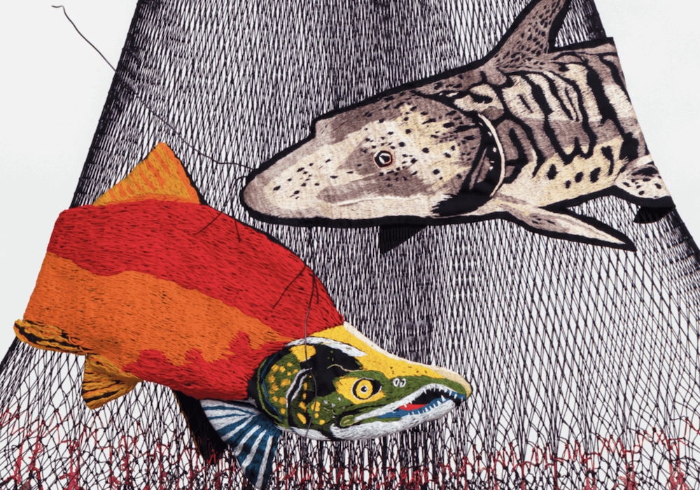 Carolina Caycedo, The Salute of the Fish (detail), 2022. Artisanal hand-dyed cast net, embroidered patches, thread, steel, acrylic paint, lead weights.