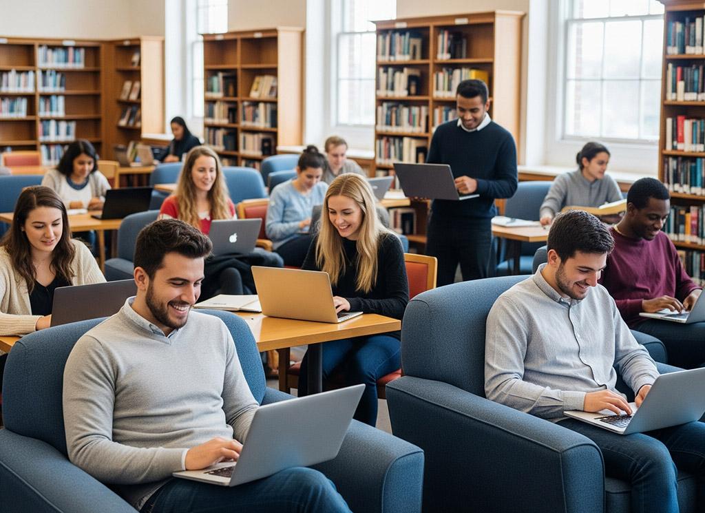 multiple students using their laptops in a library