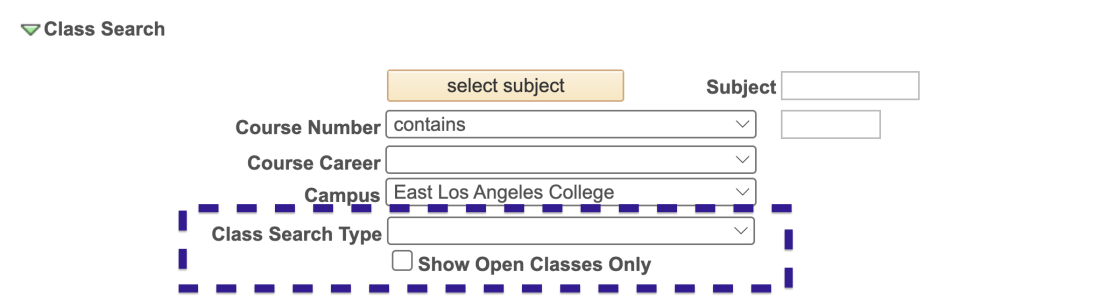 Online class search interface with dropdown menus and input fields.