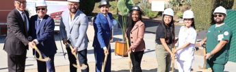 (From Left to Right: Interim Vice Chancellor Leigh Sata, Interim ELAC President Monte Perez, LACCD Trustee David Vela, LACCD Interim Chancellor Alberto J. Román, LACCD Board President Nichelle Henderson, ELAC Administration of Justice Student Alexis Hernandez, ELAC Nursing Student Melissa Badillo, & ELAC Respiratory Therapy Student Moises Garcia)