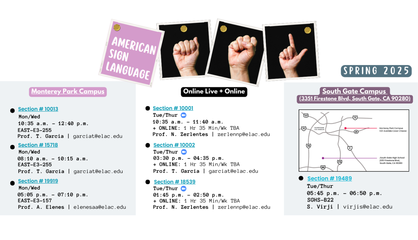A flyer describing the ASL001 courses available this Spring 2025 at ELAC.