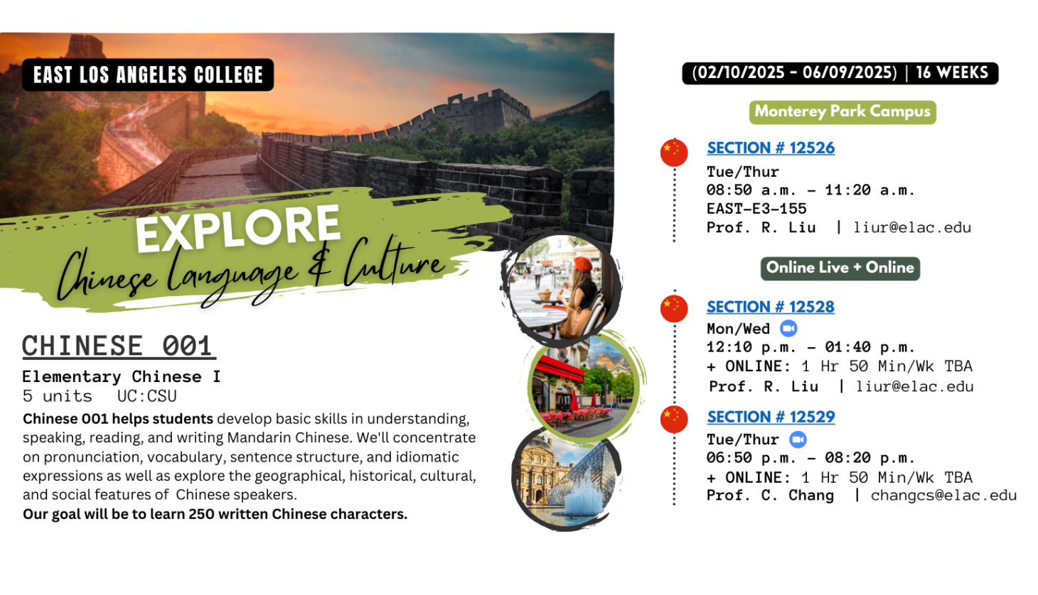 A colorful flyer depicting images of China to promote the Chinese 001 courses at ELAC for Spring 2025