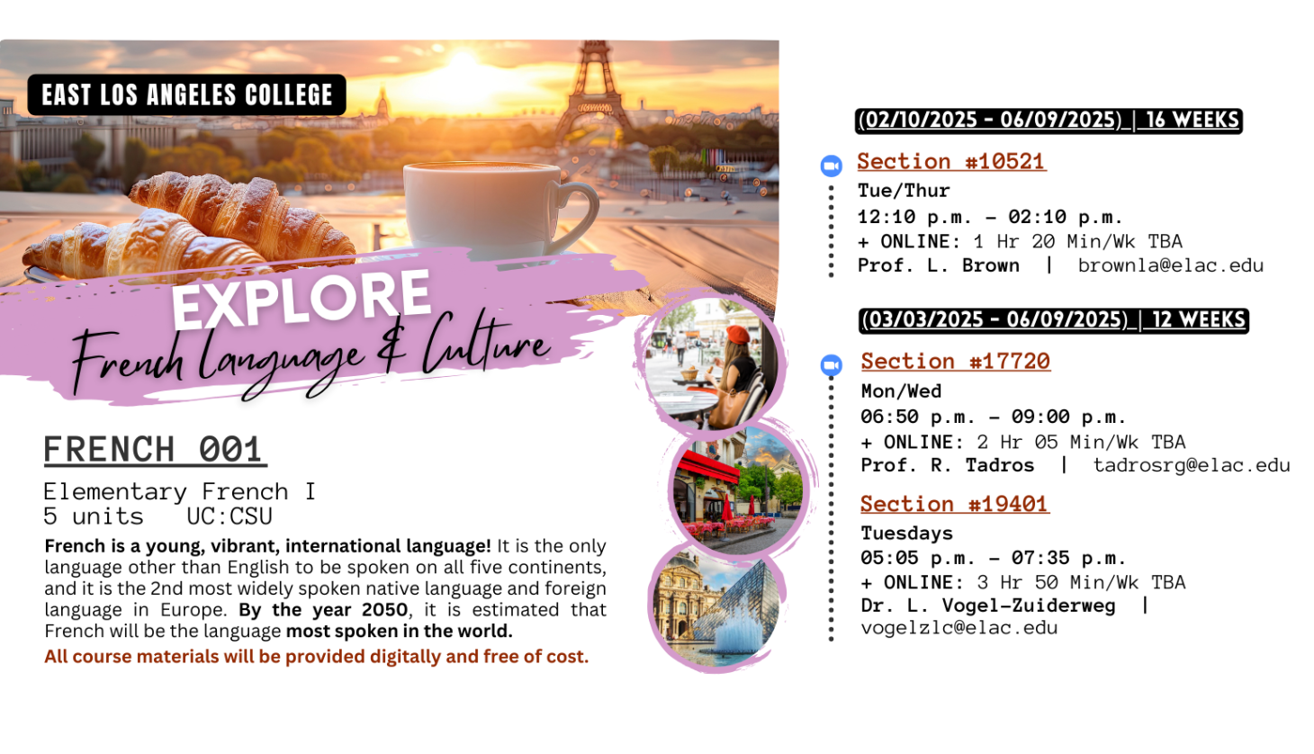 A colorful flyer depicting images of France to promote the French 001 courses at ELAC for Spring 2025