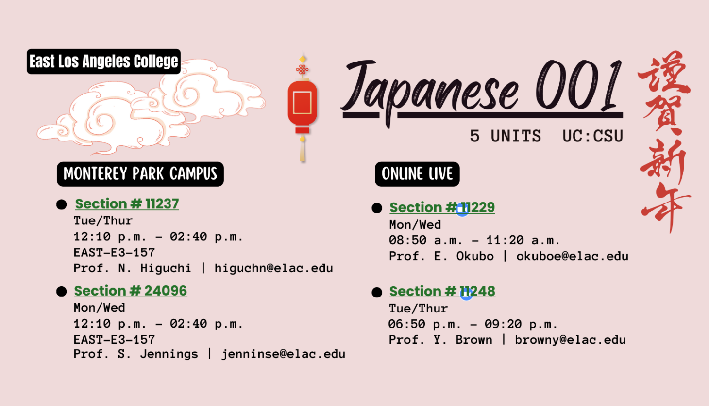 A flyer with blocks that depict the Japanese courses at ELAC this Spring 2025