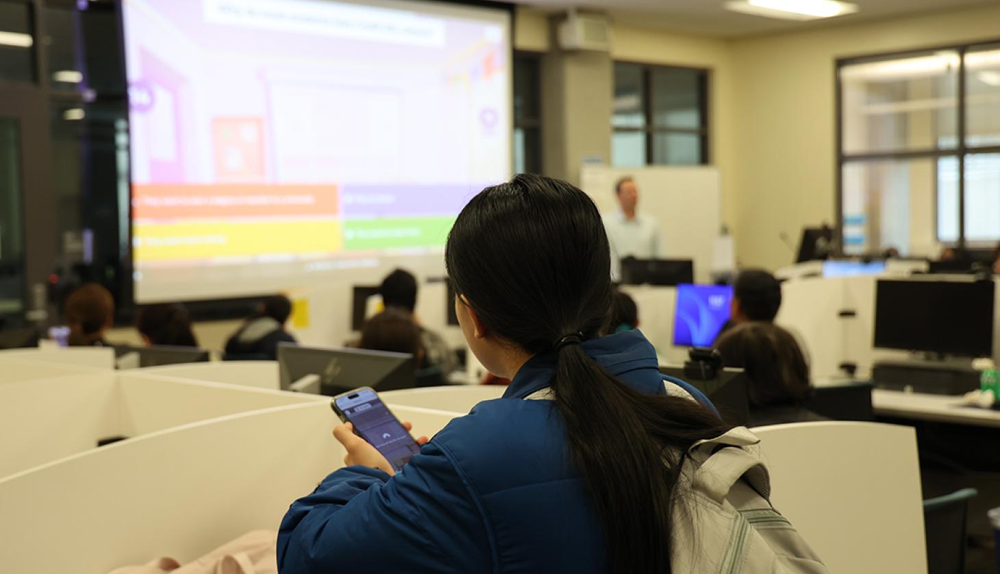 Student playing a trivia game.